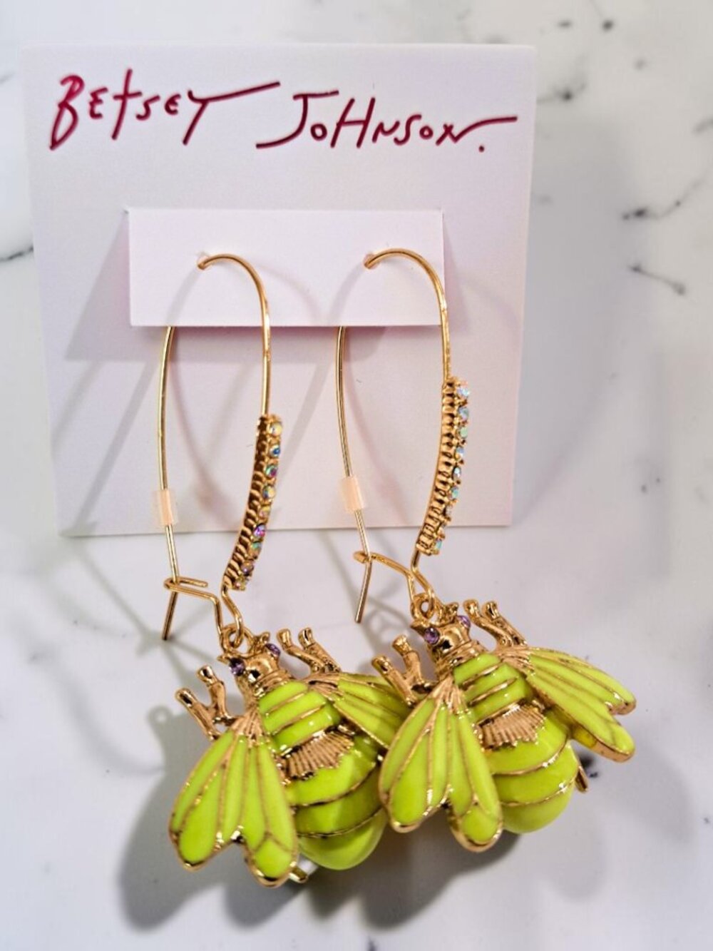 Betsey Johnson Lime Green Faux Stone Bee Dangle Earrings